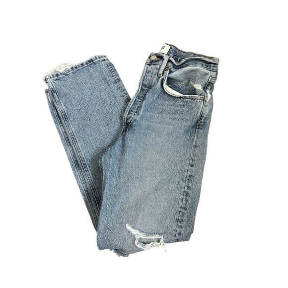 Agolde 90s High Rise Straight Jean Medium Indigo Knee Destruction Size 25 - Picture 10 of 13